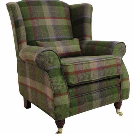 Arnold Wool Tweed Wing Chair Fireside High Back Armchair Malham Lime Check Wool