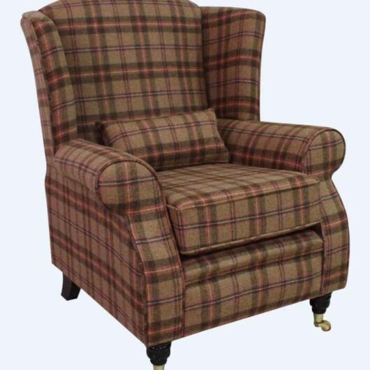 Arnold Wool Tweed Wing Chair Fireside High Back Armchair Nunnington Geranium Check Fabric