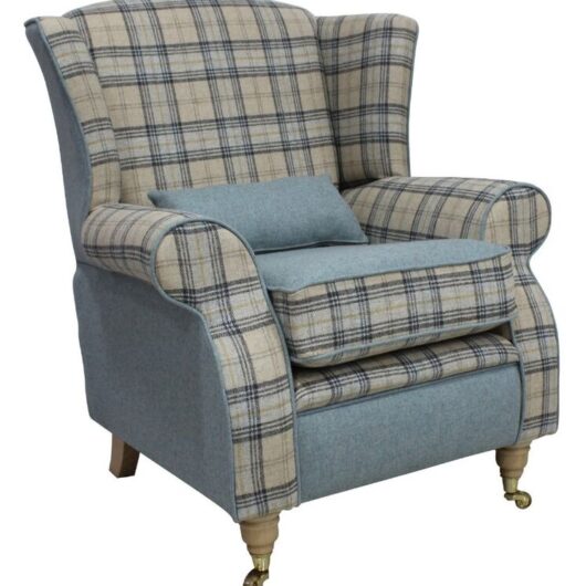 Arnold Wool Tweed Wing Chair Fireside High Back Armchair Plaid Bamburgh And Earth Eau De Nil
