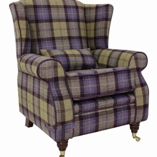 Arnold Wool Tweed Wing Chair Fireside High Back Armchair Plaid Blackberry Crumble Check Fabric