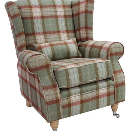 Arnold Wool Tweed Wing Chair Fireside High Back Armchair Skye Agate Check Tartan