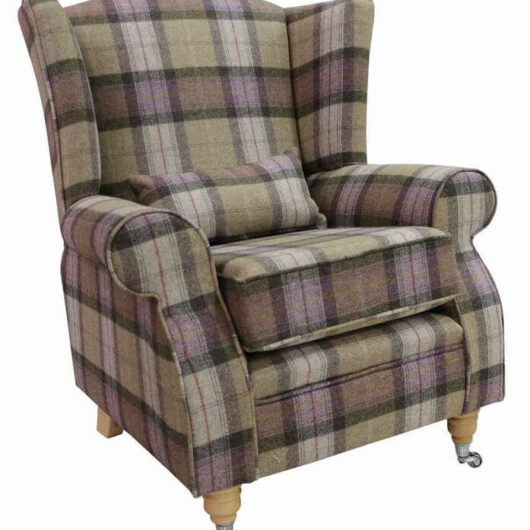 Arnold Wool Tweed Wing Chair Fireside High Back Armchair Skye Moonstone Check Tartan
