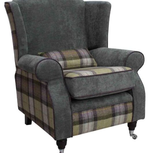 Arnold Wool Tweed Wing Chair Fireside High Back Armchair Skye Moonstone Wool And Keira plain Pewter