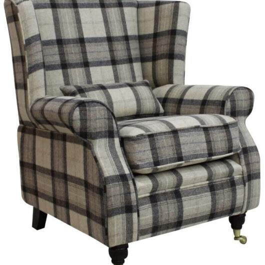 Arnold Wool Tweed Wing Chair Fireside High Back Armchair Skye Natural Check Fabric