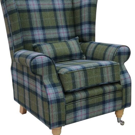 Arnold Wool Tweed Wing Chair Fireside High Back Armchair Skye Olivine Check Tartan