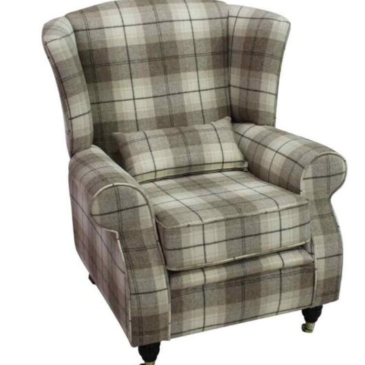Arnold Wool Tweed Wing Chair Fireside High Back Armchair Wool Plaid Devon Fudge Check Fabric