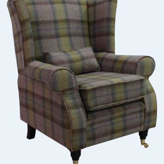 Arnold Wool Tweed Wing Chair Fireside High Back Armchair Wool Plaid Olive Grove Check