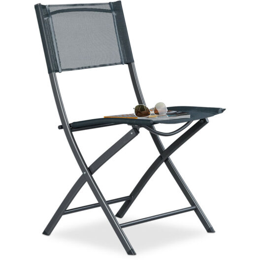 Balcony Chairs, Metal, Synthetics, Garden Chair, HxWxD: 87 x 55 x 48.5 cm, Foldable Patio Chair, Grey - Relaxdays