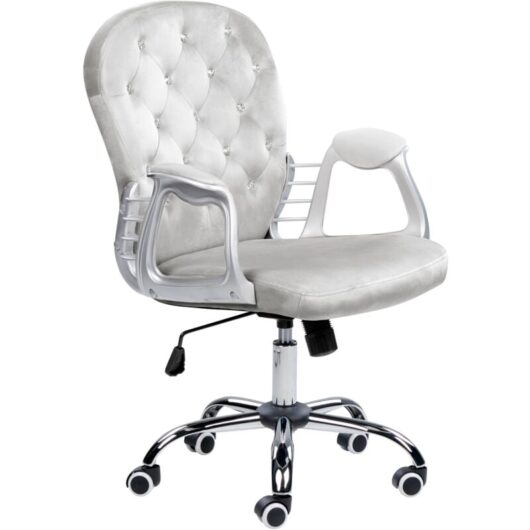 Beliani - Velvet Office Chair Swivel Adjustable Crystal Buttoned Backrest Light Grey Princess