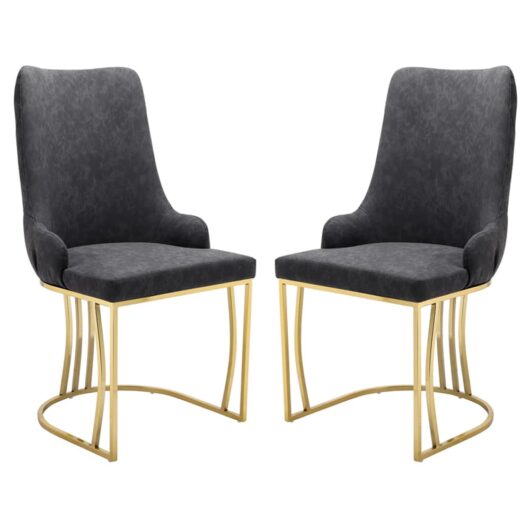 Burma Black PU Leather Dining Chairs With Gold Frame In Pair