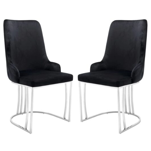 Burma Black Velvet Dining Chairs With Steel Frame In Pair
