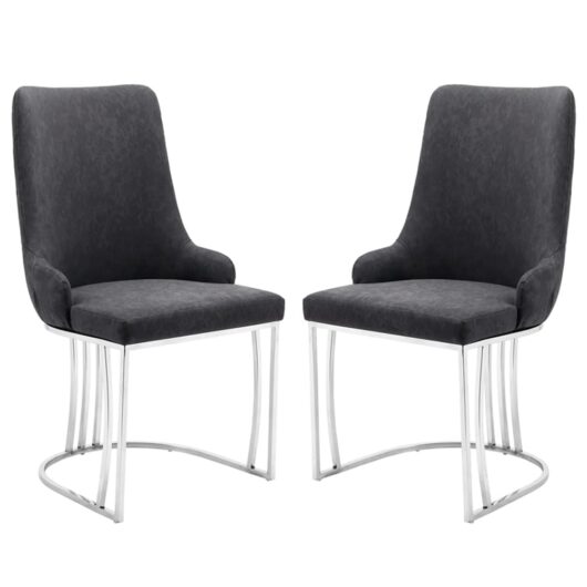 Burma Grey PU Leather Dining Chairs With Steel Frame In Pair