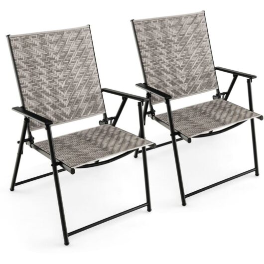 Costway - Set of 2 Patio Folding Chairs Outdoor Wicker Dining Chairs with Armrests