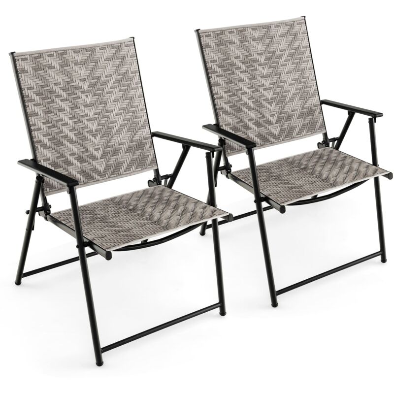 Costway - Set of 2 Patio Folding Chairs Outdoor Wicker Dining Chairs with Armrests