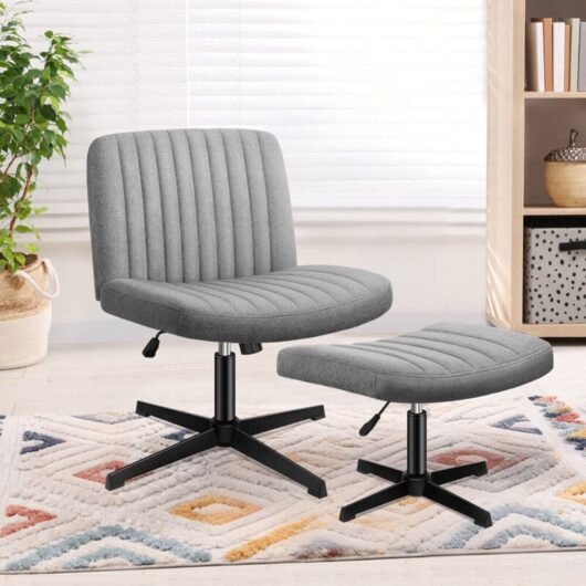 Cross Legged Office Chair with Ottoman, Wide Seat Armless Desk Chairs No Wheels Mid-back, Linen, Grey - Elfordson