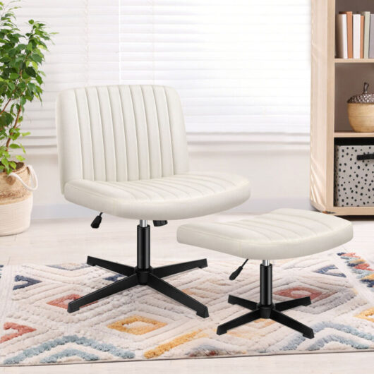 Cross Legged Office Chair with Ottoman, Wide Seat Armless Desk Chairs No Wheels Mid-back, Velvet, Beige - Elfordson