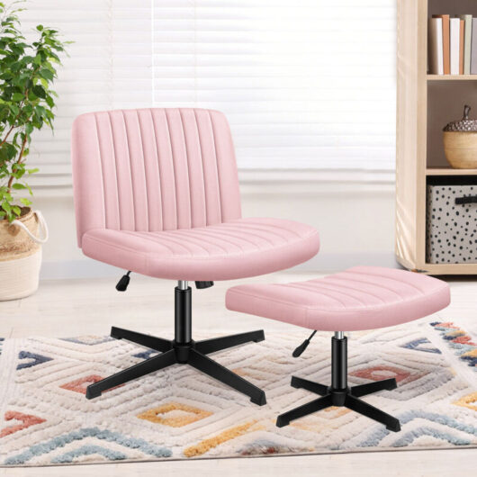 Cross Legged Office Chair with Ottoman, Wide Seat Armless Desk Chairs No Wheels Mid-back, Velvet, Pink - Elfordson