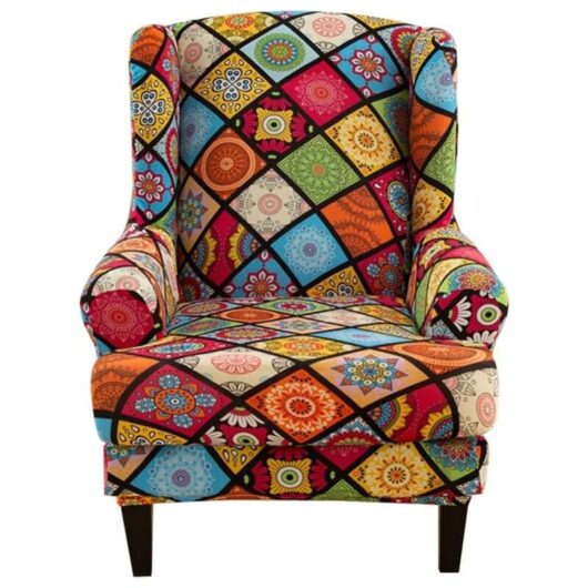 Csparkv - Stretch Wingback Chair Cover Armchair Slipcover with T-Cushion Cover, Printed Non-Slip Armchair Cover, for Living Room, Hotel