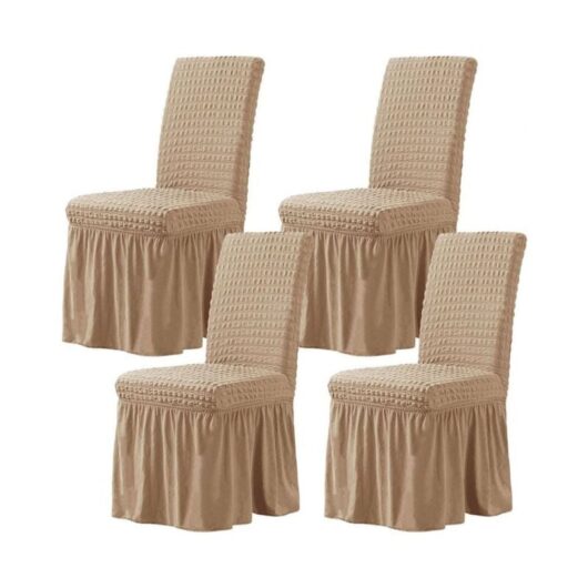 Cyslmuk - Elastic Dining Room Chair Covers 4 Pieces -Oatmeal, Elastic Seersucker Dining Room Chair Covers with Skirt, Chair Slipcover for Hotel
