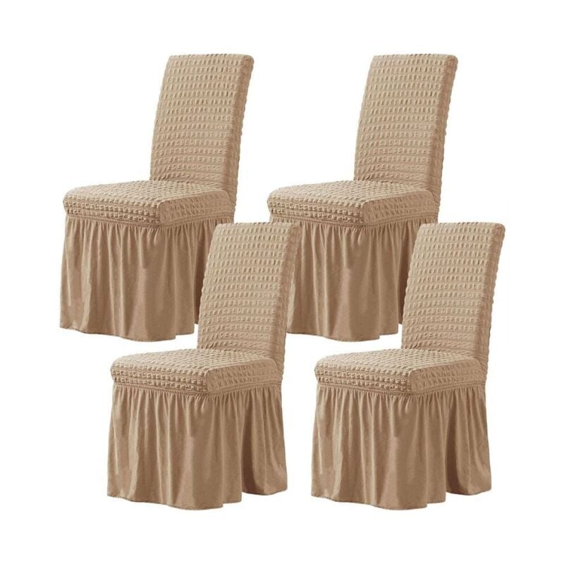 Cyslmuk - Elastic Dining Room Chair Covers 4 Pieces -Oatmeal, Elastic Seersucker Dining Room Chair Covers with Skirt, Chair Slipcover for Hotel