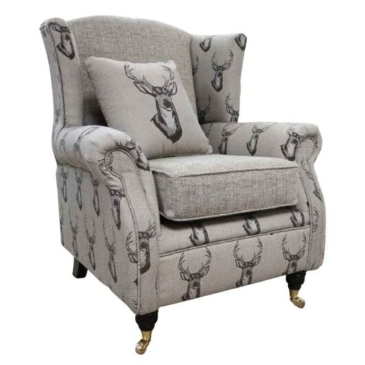 Deer Print Wing Chair Fireside High Back Armchair Brown Fabric