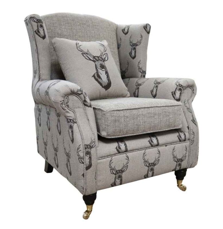 Deer Print Wing Chair Fireside High Back Armchair Brown Fabric