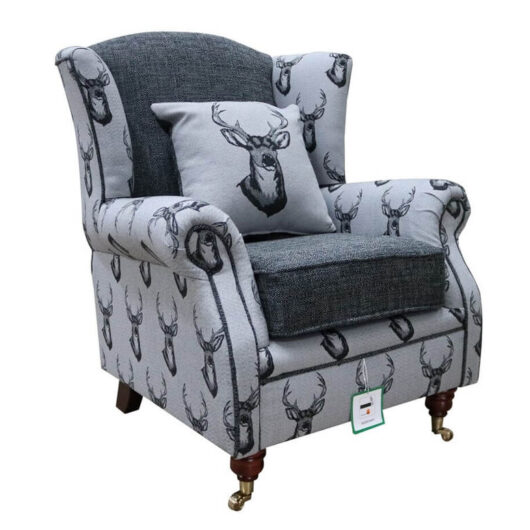 Deer Print Wing Chair Fireside High Back Armchair Grey Fabric