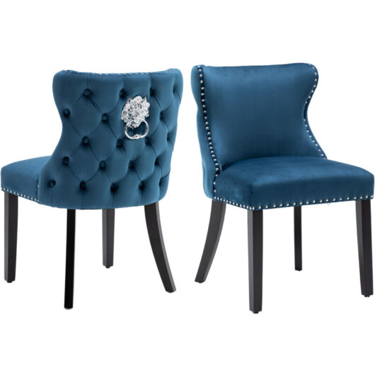 Dining Chairs Set of 2 Velvet Kitchen Leisure Corner Chairs Upholstered with Solid Wood Legs for Home Dining Living Room, Blue, Wahson