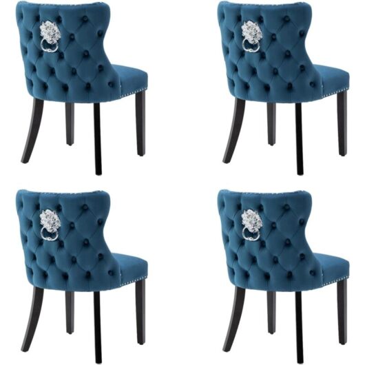 Dining Chairs Set of 4 Velvet Kitchen Leisure Corner Chairs Upholstered with Solid Wood Legs for Home Dining Living Room, Blue, Wahson