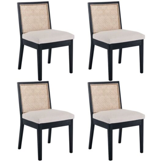 Dining Chairs Set of 4 in Rattan Upholstered Side Chairs Rustic Kitchen Chairs with Solid Wood Legs for Dining Living Room, Black, Wahson