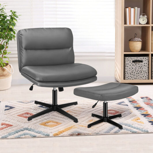 Elfordson - Armless Office Chair with Ottoman, Wide Seat Criss Cross-legged Desk Chairs No Wheels, Mid-back, pu Leather, Grey
