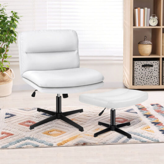 Elfordson - Armless Office Chair with Ottoman, Wide Seat Criss Cross-legged Desk Chairs No Wheels, Mid-back, pu Leather, White