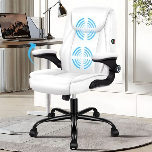 Elfordson - Massage Office Chair for Home, Executive Comfy Office Chairs with 90° Flip-up Armrests, Adjustable Height, Swivel, pu Leather, White