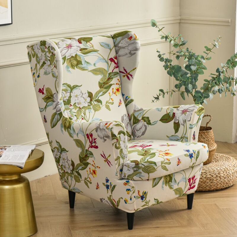 (Flower and Leaf)2 Pieces Stretch Wingback Chair Covers Armchair Slipcover with T-Cushion Cover, Non-Slip Armchair Cover, for Living Room, Hotel,