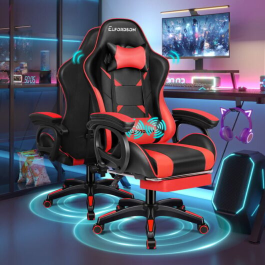 Gaming Office Chair Lumbar Massage with Footrest, Red & Black - Elfordson