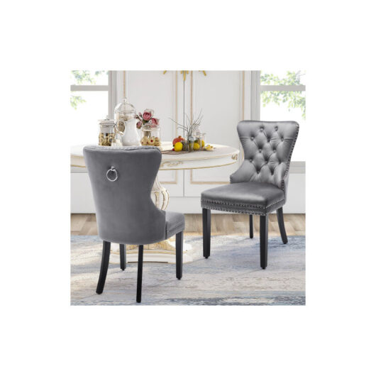 Groofoo - Velvet Dining Chairs Set of 2 with oak Legs, Button, Chrome Knocker and Nailhead Trim Bedroom Chair Kitchen Chair Living Room Lounge