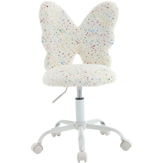 Kids Desk Chair in Faux Fur with Butterfly-shaped Backrest Swivel Task Chair Height Adjustable for Children, White, Wahson