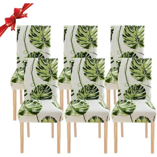 Linghhang - 6 Pieces Stretch Chair Covers (Green Leaves), Universal Washable Chair Slipcovers, Easy to Clean Chair Cover for Dining Room Hotel