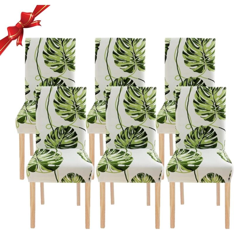 Linghhang - 6 Pieces Stretch Chair Covers (Green Leaves), Universal Washable Chair Slipcovers, Easy to Clean Chair Cover for Dining Room Hotel