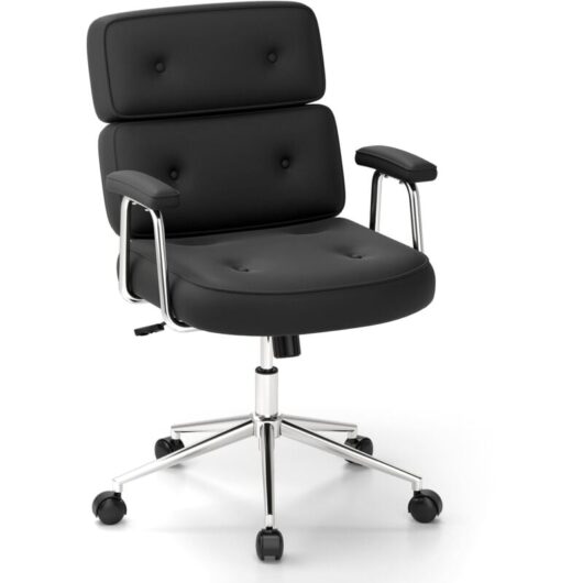 Office Chair pu Leather Upholstered Desk Chair Button Tufted Back-Black