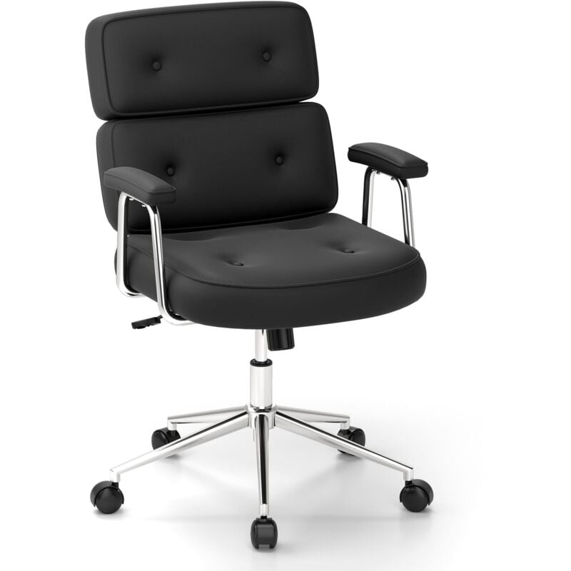 Office Chair pu Leather Upholstered Desk Chair Button Tufted Back-Black