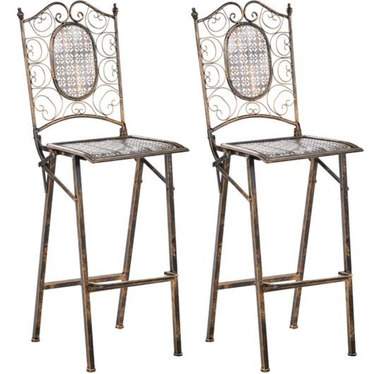 Outdoor Garden Set of 2 Bar Chairs Folding Distressed Metal Shabby Chic Black Bormio