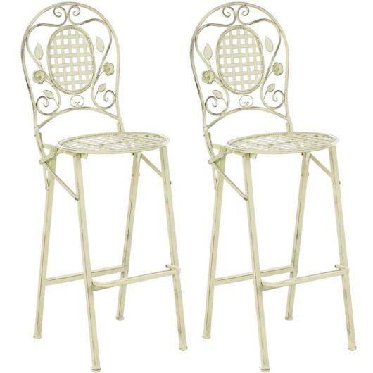 Outdoor Garden Set of 2 Bar Chairs Folding Distressed Metal Shabby Chic Light Green Bovio