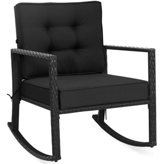 Outdoor Wicker Furniture Rocking Chair Metal Frame Patio Rattan Rocker-Black