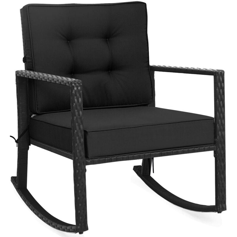 Outdoor Wicker Furniture Rocking Chair Metal Frame Patio Rattan Rocker-Black