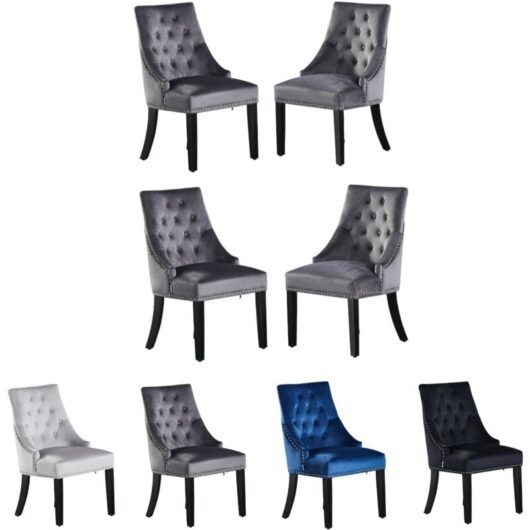 Pn Home - Set of 4 Windsor Velvet Dining Chairs - Ergonomic Scoop Knockerback and Solid Wood Legs - Tufted Side chair for Dining Room Kitchen Living