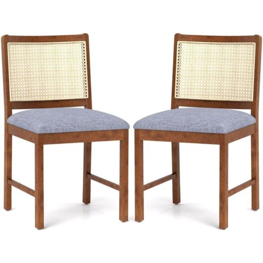 Rattan Dining Chair Set of 2 Wooden Upholstered Kitchen Chairs-Brown