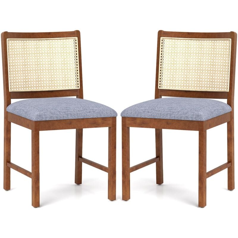 Rattan Dining Chair Set of 2 Wooden Upholstered Kitchen Chairs-Brown