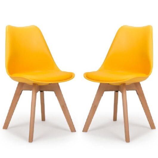 Regis Yellow Leather Dining Chairs With Oak Legs In Pair