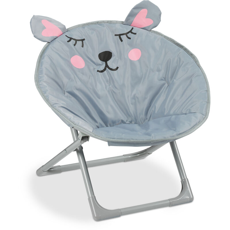 Relaxdays - Moon Chair Kids, Foldable Indoor & Outdoor Camping Seat for Boys and Girls, Mouse, Grey HxWxD 48 x 51 x 48 cm